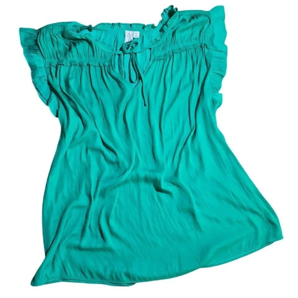 Joie Women's silky Green Ruffle Sleeve Top Tie Neck Blouse Casual PLUS‎ 3X XXL